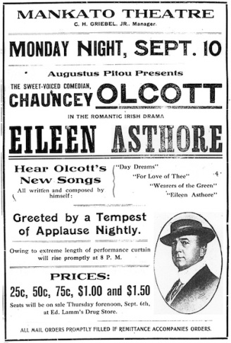 3. Chauncey Olcott Mankato Theatre ad 9.4.1906